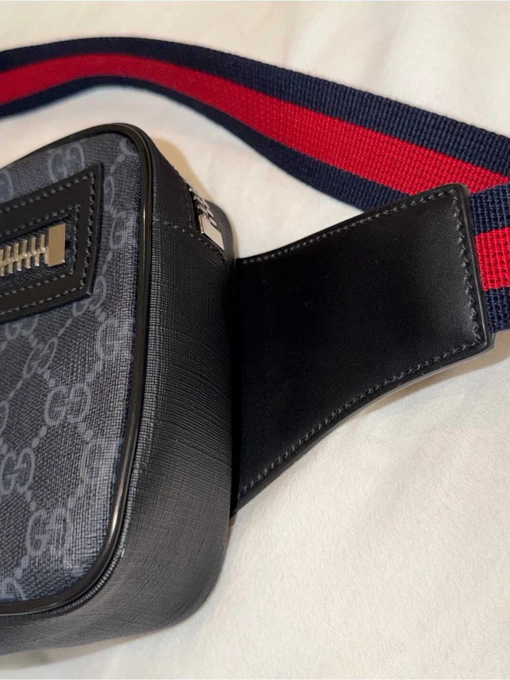 Gucci Black GG Supreme Belt Bag with Red and Navy Web Strap